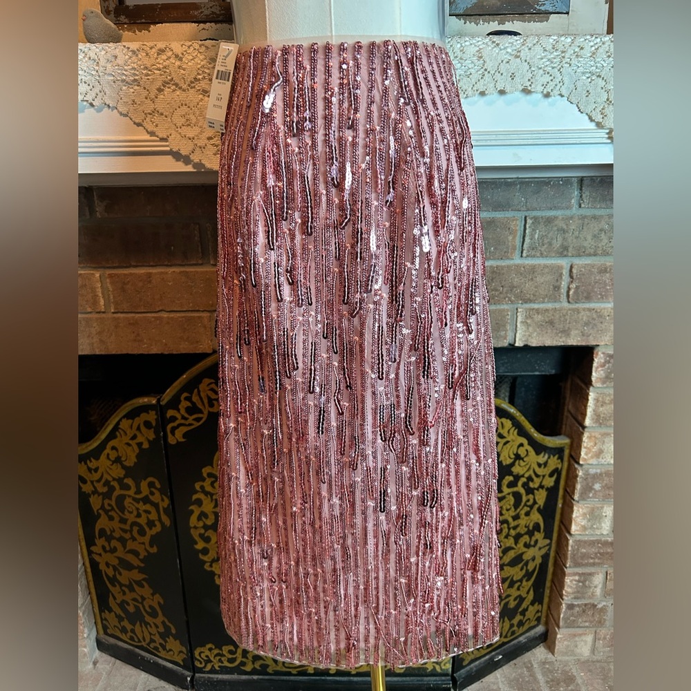 Anthropologie Maeve Pink Sequin Pencil Skirt Evening Formal Fringed Midi - Picture 4 of 14